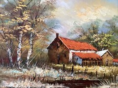 STRANGER COOPER. Vintage Painting on Canvas “ Family Farms “Framed
