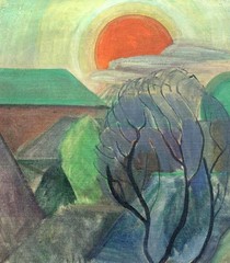 Kirsten Høm (1906) Large Danish Geometric Landscape at Sunset. 1940s. COA