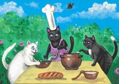 5X7 PRINT OF PAINTING RYTA BLACK CAT COOKIES Tea Party Folk Art Kitchen Picnic