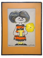 Vintage MCM Original Painting Signed Prior 10×13 Girl Flower Pot Mid Century