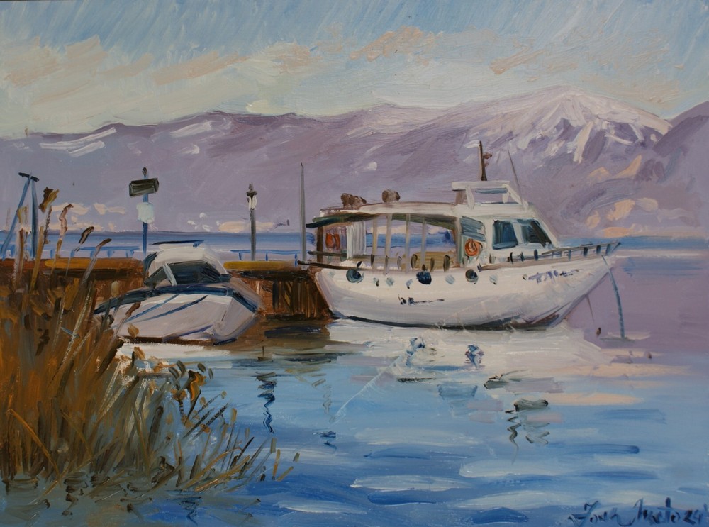 Lakescape Oil on mdf panel painting „Lake port“ 30cmx40cm,