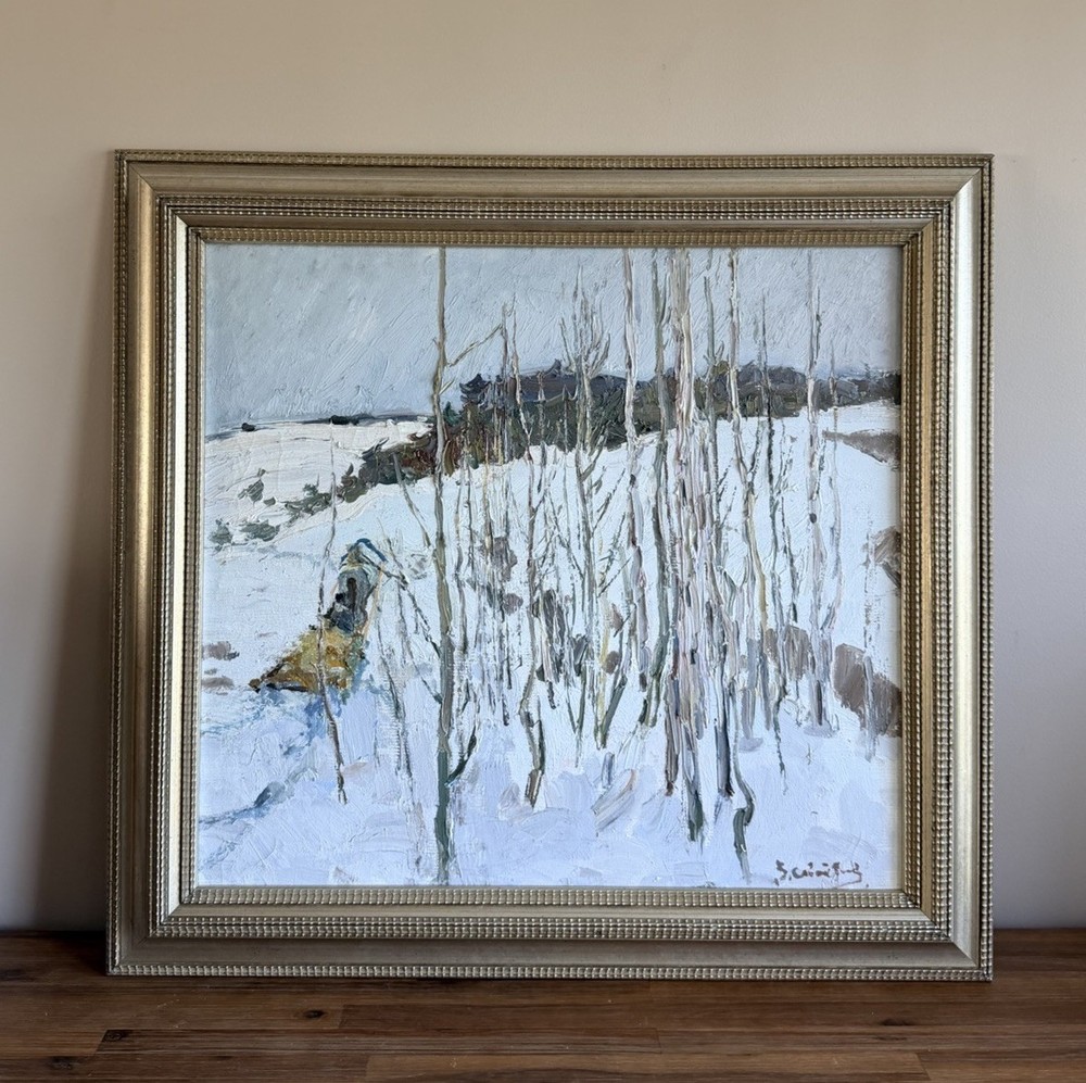 Russian Oil on Canvas Impressionist Winter Landscape Painting Illegibly Signed