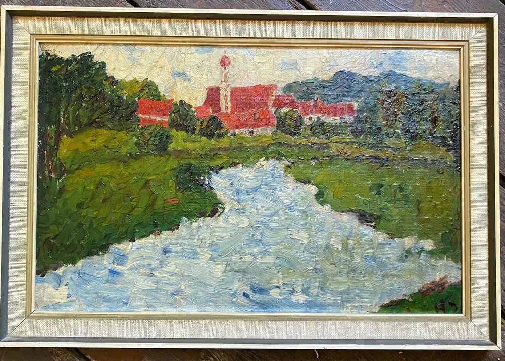 ::OIL PAINTING MONOGR.HS VILLAGE LANDSCAPE WITH CHURCH ON THE RIVER COUNTRY HOUSE STYLE