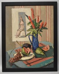Abstract Still Life Painting Fruit,Floral Bouquet, Portrait by Jean Wetzler 1950