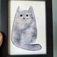 Gray Cat,funny,cute,original,watercolor miniature Painting,small,mini,framed