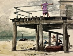 WALTER STUEMPFIG 20th c. American PAFA Watercolor Painting JERSEY SHORE PIER