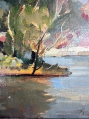 FRED D PENNY ST MARYS SEMINARY BRIDGE ILLINOIS LANDSCAPE VINTAGE OIL PAINTING