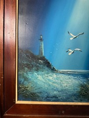 Large Philip Sadee „Seaside With Lighthouse Gulls“ Oil Painting – Signed/Framed
