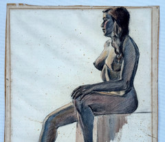 BETTY ZIMMERMAN ORIGINAL ANTIQUE PAINTING DRAWING SEATED FEMALE NUDE 1938 AS IS