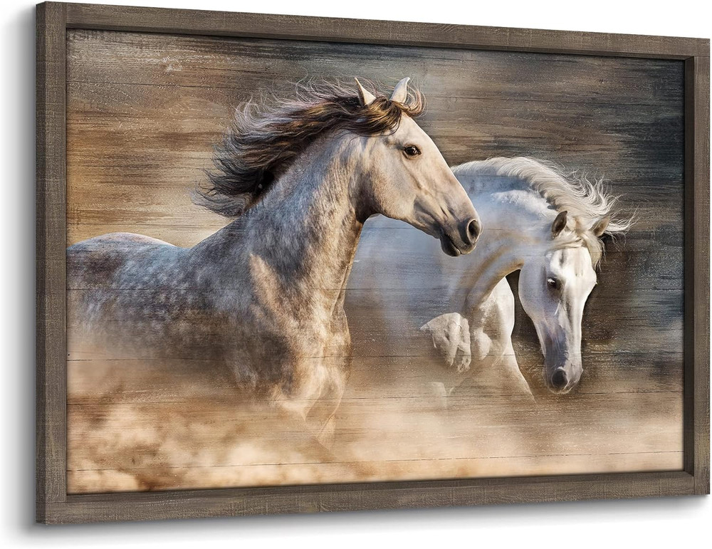 Large Framed Horse Wall Art: Horse Wooden Painting Western Pictures Wild Animals