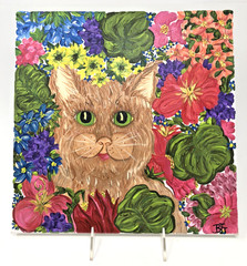 Original Ginger Cat Painting Colorful Flowers Acrylic Canvas Signed 12×12