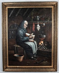 Vintage Old Man Cooking on Fireplace Cabin Scene Oil Painting 29.5″L x 23.5″W