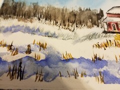 Watercolor painting ORIGINAL Art FARM HOUSE WINTER SCENE 7 x 11″