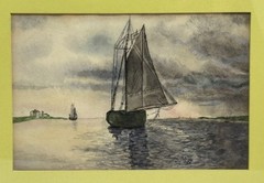 Vintage Framed Coastal Watercolor Seascape Sailboat Shorline 13.5″ x 11″