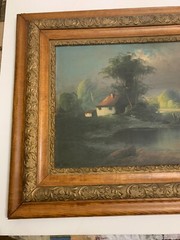 Antique Farm House Landscape Oil Painting on Board Signed Wood Gesso Frame