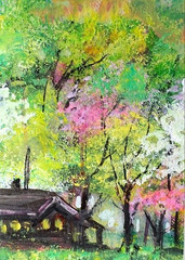 ACEO Original CABIN Spring Pink Tree PAINTING Nature Landscape Flowers ATC ART