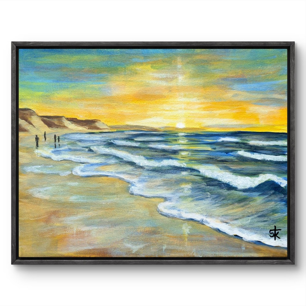 Original Hand Painted 11×14 Ocean Wall Art Blue Golden Acrylic Canvas Signed