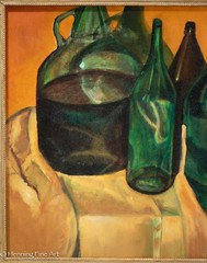 Beautiful Vintage Oil Painting of Green Bottles Still Life Signed L Lucioni