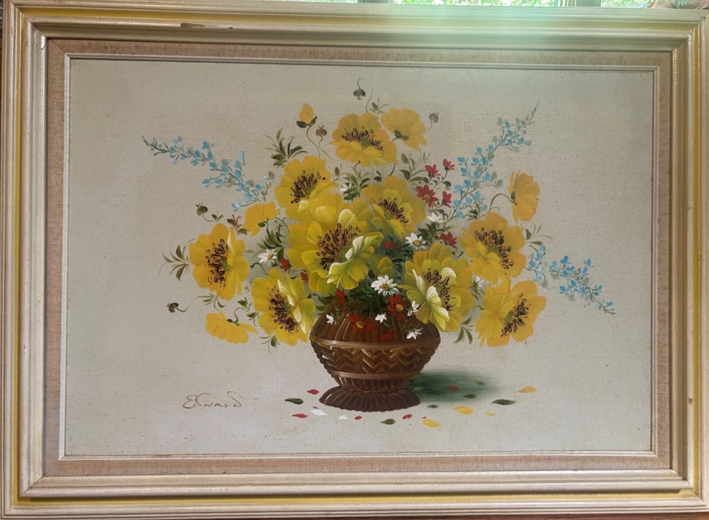Yellow Poppies in a Vase, Oil Painting signed Edward, 43 1/2″ x 32 Framed