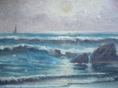 B. ADAMS, ANTIQUE COASTAL COAST SEASCAPE NOCTURNE MOONLIGHT SEA OLD OIL PAINTING