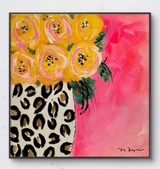 Original Acrylic Painting by Mary Myers Yellow Roses Leopard Vase Pink