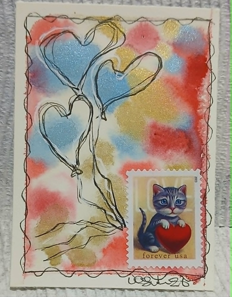 Kitten Heart Balloons Postal Whimsy Fo Stamp Collage OOAK ACEO Watercolor