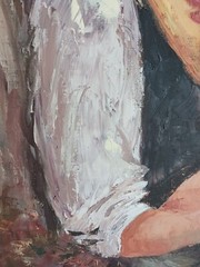 Vintage impressionist painting mother holding child in sunshine known artist