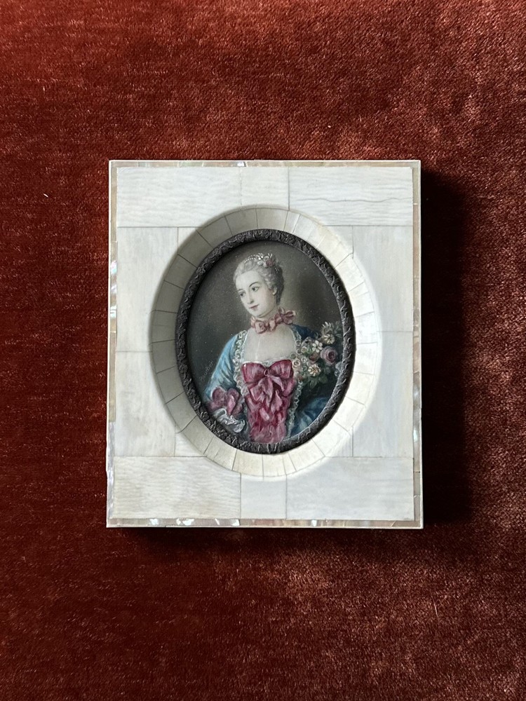 Antique 19th C Hand Painted French Portrait of a Lady Boucher MOP Frame