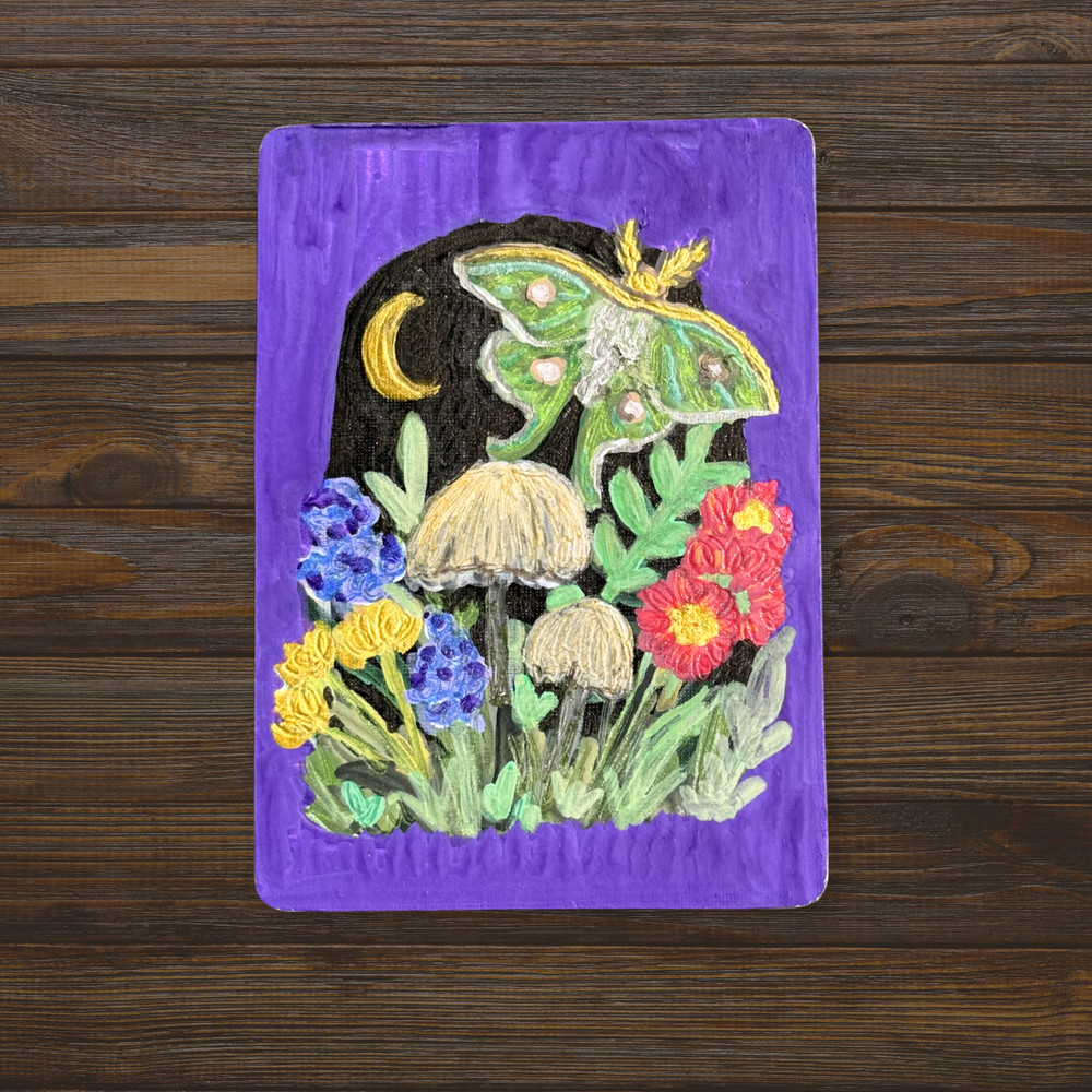 Original ACEO Luna Moth Garden | Whimsical Acrylic Doodle