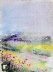 Original Signed Watercolor Painting. Landscape. Wildflower meadows. Hills.