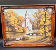 Vintage 90s Country Church in Fall Paint By Number in Ornate Wood Frame Folk Art