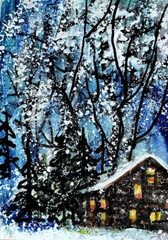 ACEO Original Winter CABIN Pine Tree PAINTING Snow Holiday XMAS Landscape ART