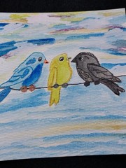 Original Painting Birds On Wire 4×4 Inch Whimsical Animals Art Signed Nature