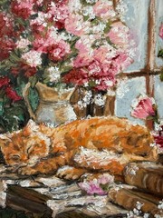 Orange Cat Original Art Still Life Wall Art Animal Oil Pastels Art Flowers Art