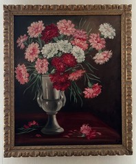 Vintage Floral Bouquet of Carnations in Vase Oil Painting Canvas Flowers FRAMED