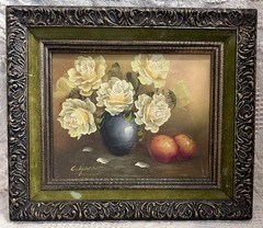 Original Oil Painting on Canvas „Roses In A Vase“ Black & Gold Frame Signed