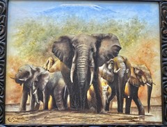 Kenyan Artist RICHARD KIMEMIA African Painting Elephant Family CARVED WOOD FRAME
