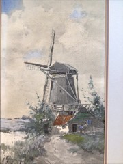 Artist Illegible European Windmill Scene Framed Watercolour Circa 1960s