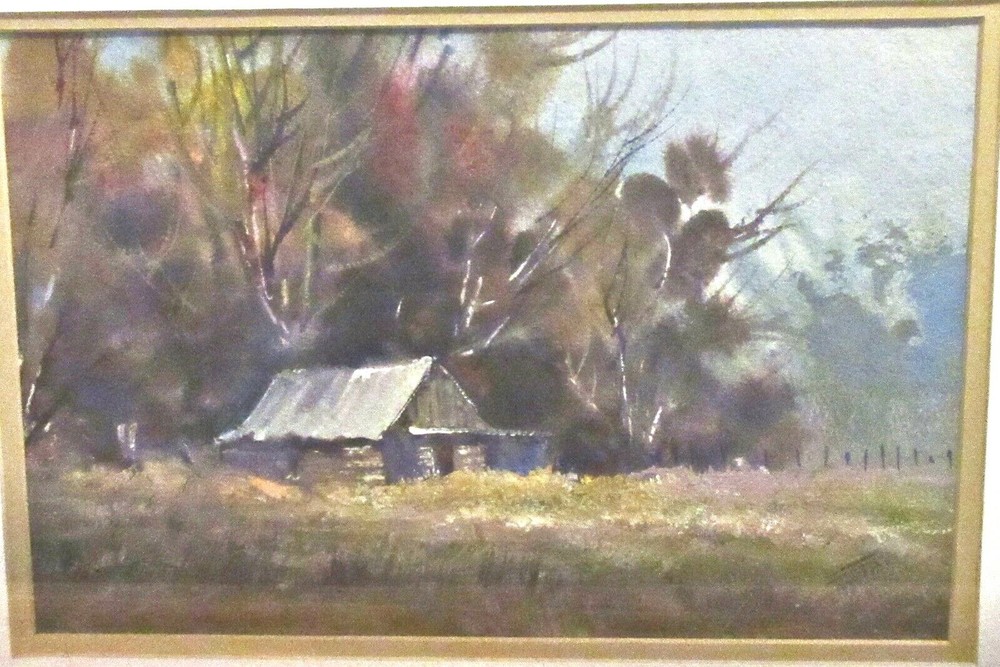 Original Framed Water Color/Gouache Painting, Rural Country Scene Farm, 11+x7+