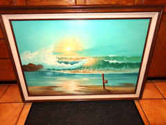 VINTAGE OIL PAINTING ON CANVAS 42 x 30 in SUNSET ON BEACH BY BEN POWEN -L 188 D