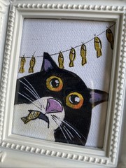 PRINT Whimsical Cat Cute,funny, Painting,framed,miniature,small,mini