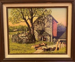 Vintage H. Hargrove Framed Farm Print Steam Tractor Barn Americana Landscape
