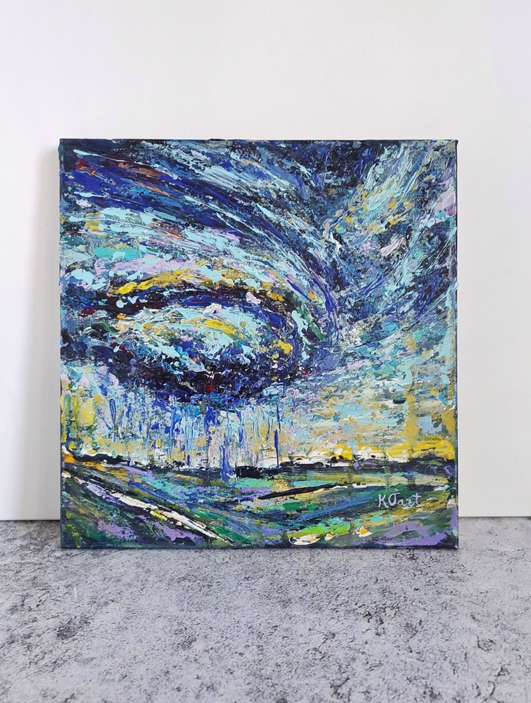 Original Acrylic Painting 12×12 Storm Sky Rain Seascape Textured Impasto Canvas