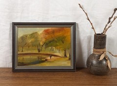 Autumn Park Oil Painting, Vintage Landscape with Trees and Path, Warm Fall Color
