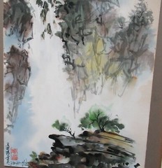 P. WONG CHINESE RIVER MOUNTAIN BOATS WATERCOLOR PAINTING