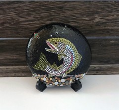 Original Dot Painted Stone Whimsical Olive Rainbow Trout by Cheryl Andrade