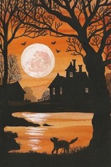 4X6 PRINT OF PAINTING RYTA HALLOWEEN WITCH BLACK CAT VINTAGE STYLE FOLK ART MOON