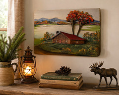 H. Nadeau Signed 3D Folk Art Wood Painting Cabin Lake Mountain Landscape