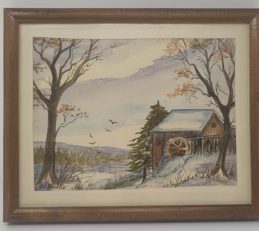 Vintage Original Watercolor Landscape Painting Grist Mill Blue Ridge Mtns Framed