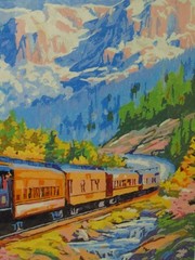 FRAMED TRAIN PAINT BY NUMBER signed Steve Davis rustic wood frame matte glass